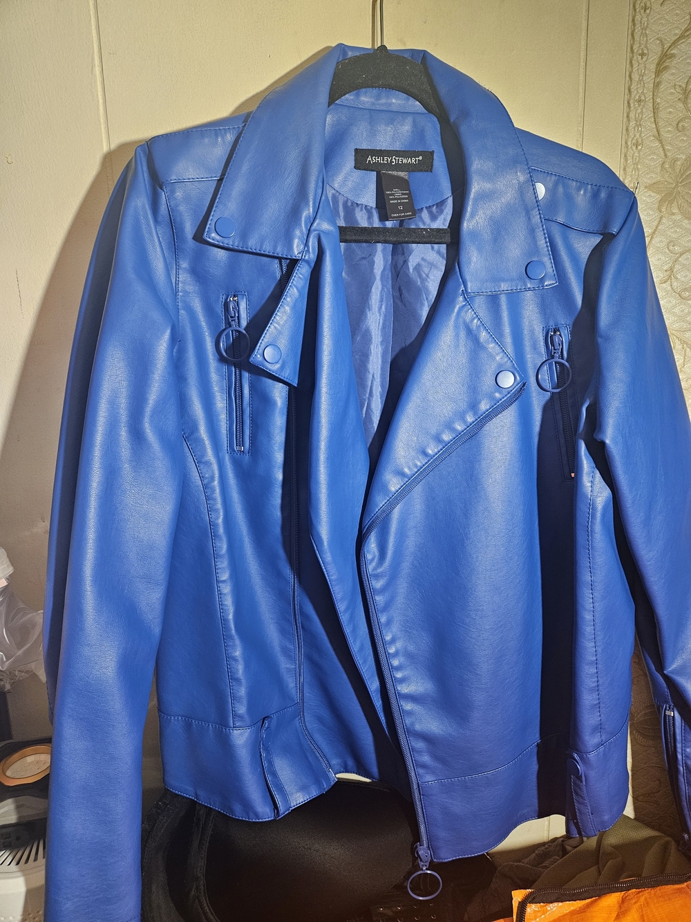 Ashley Stewart Royal Blue Faux Leather Moto Jacket